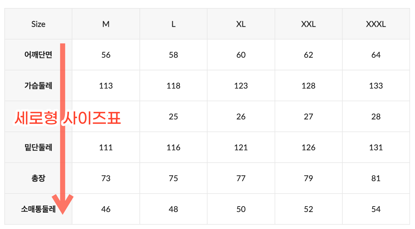 세로형 사이즈표 예시