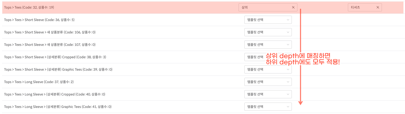 카테고리 depth 매칭 예시
