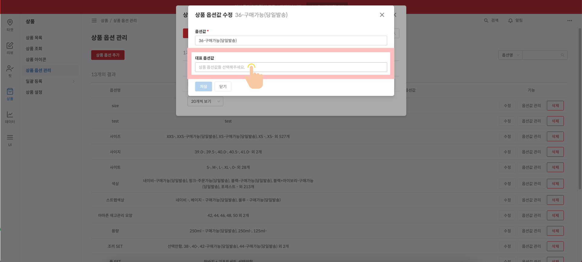 대표 옵션값 연결 단계 화면 2
