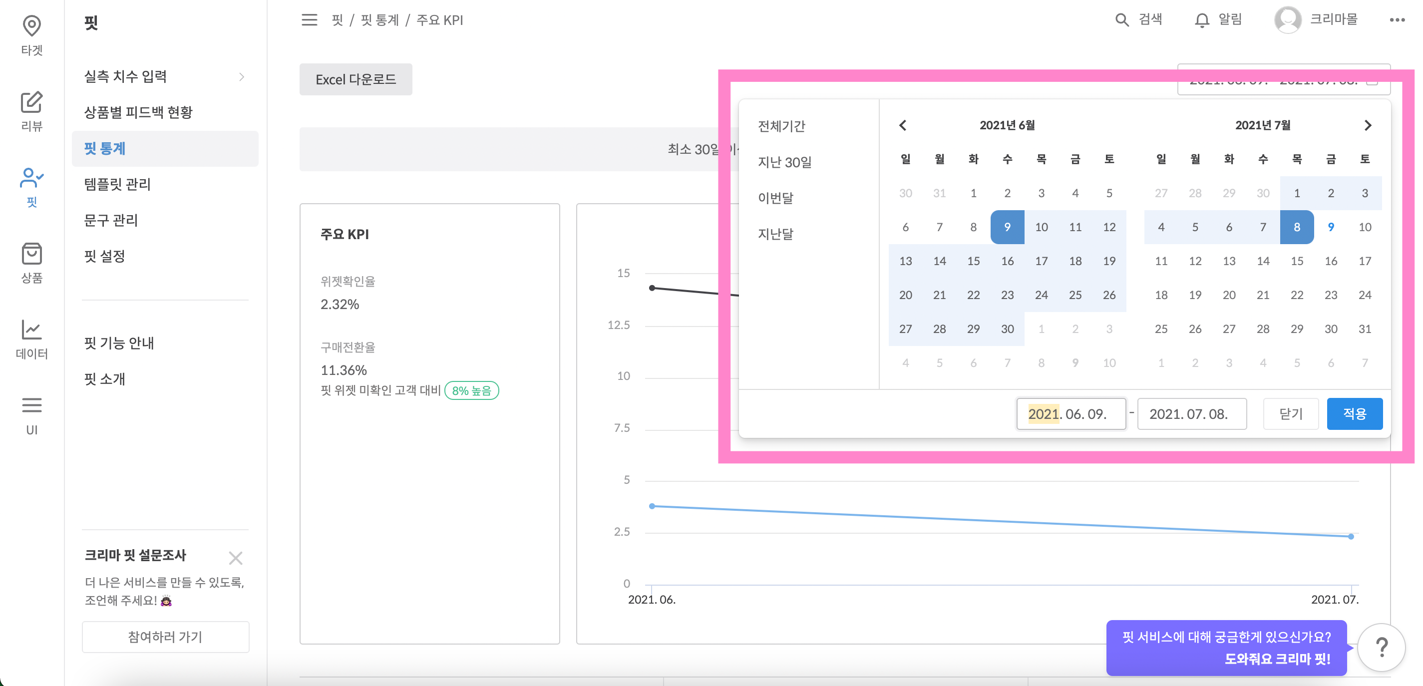 핏 통계 지표 확인 화면 예시
