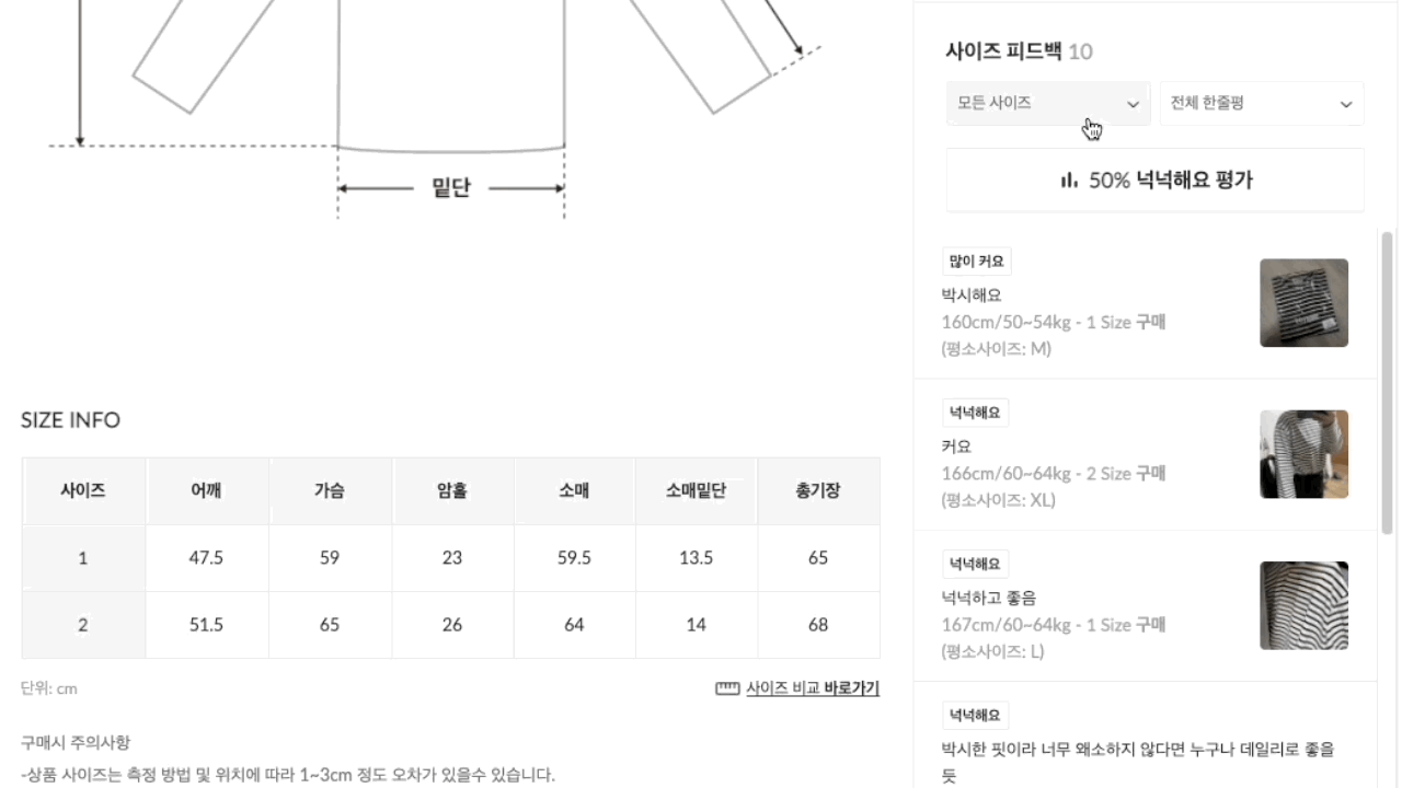 사이즈 피드백 기능 예시