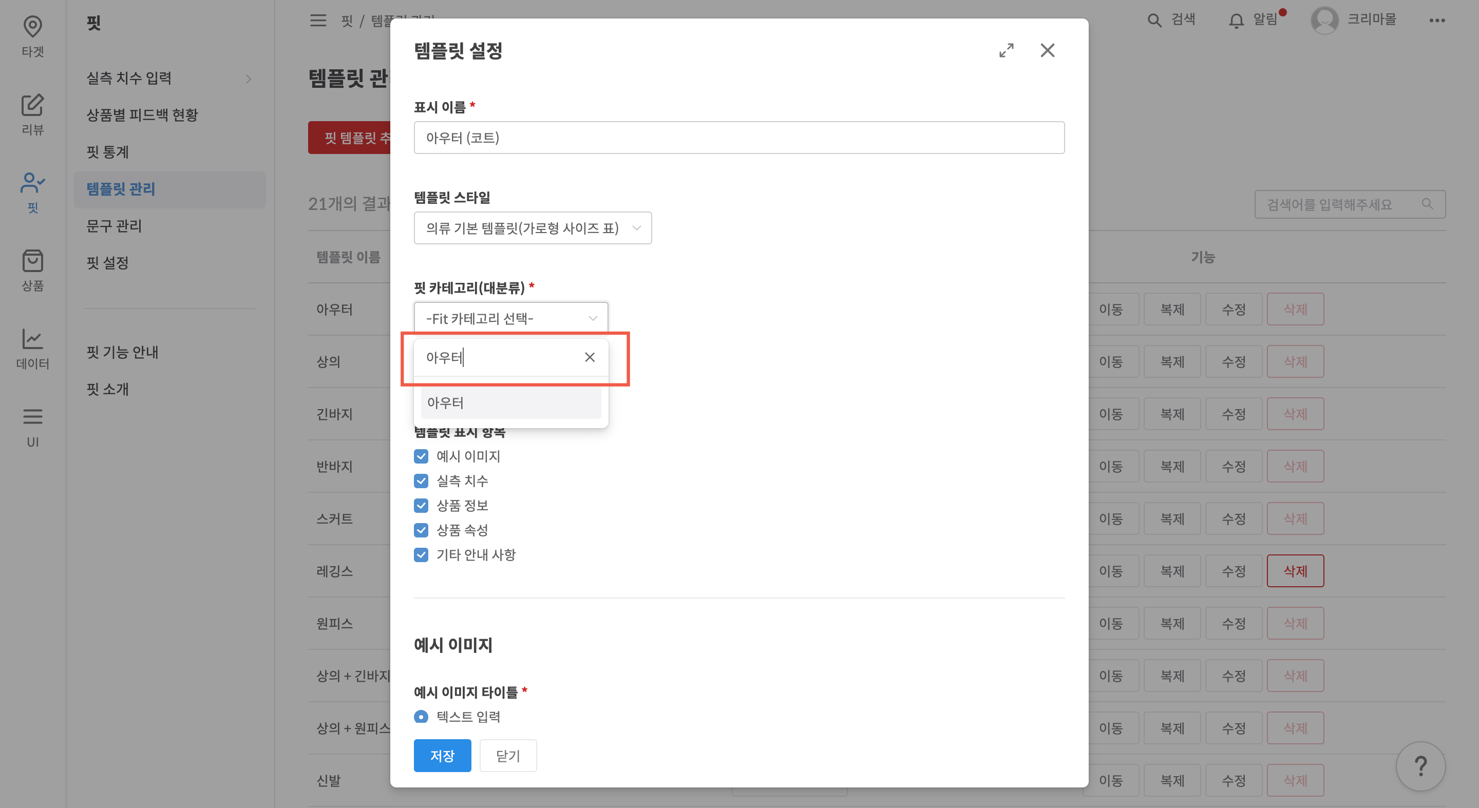 핏 카테고리 대분류 선택 예시